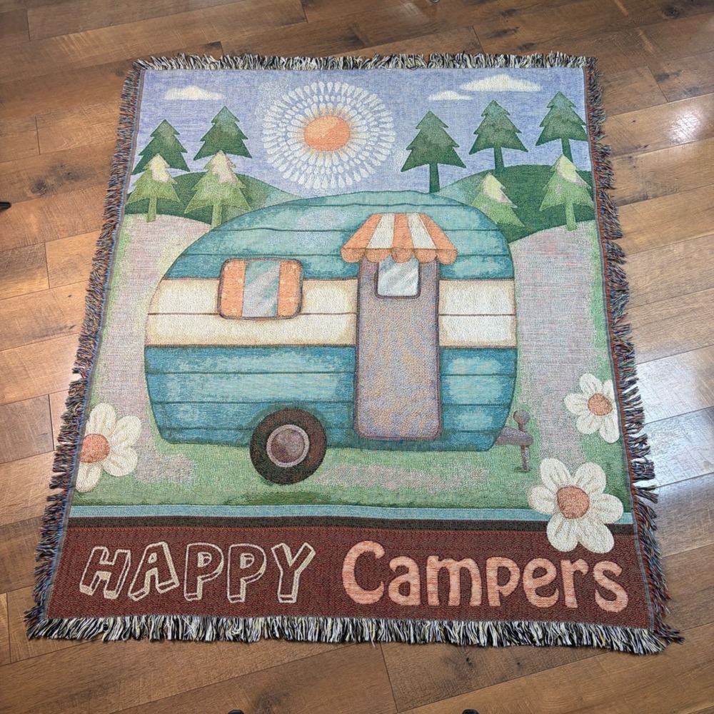 Happy Campers Woven Tapestry Throw Blanket Retro Camper Forest Sun Fringe 59x49